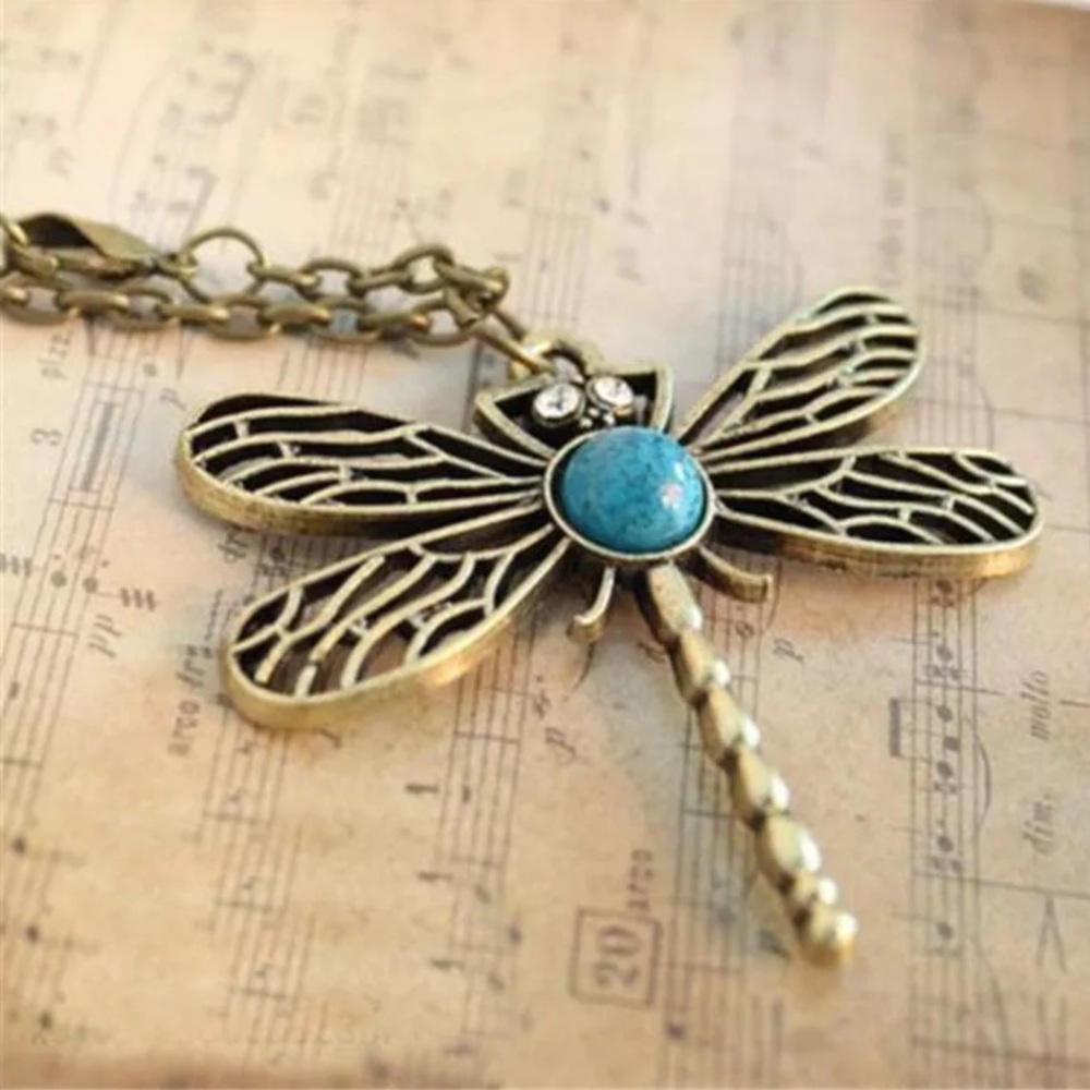 DRAGONFLY Long Chain Bronze Turquoise Sweater Necklace Retro Boho Hippie - Picture 8 of 11